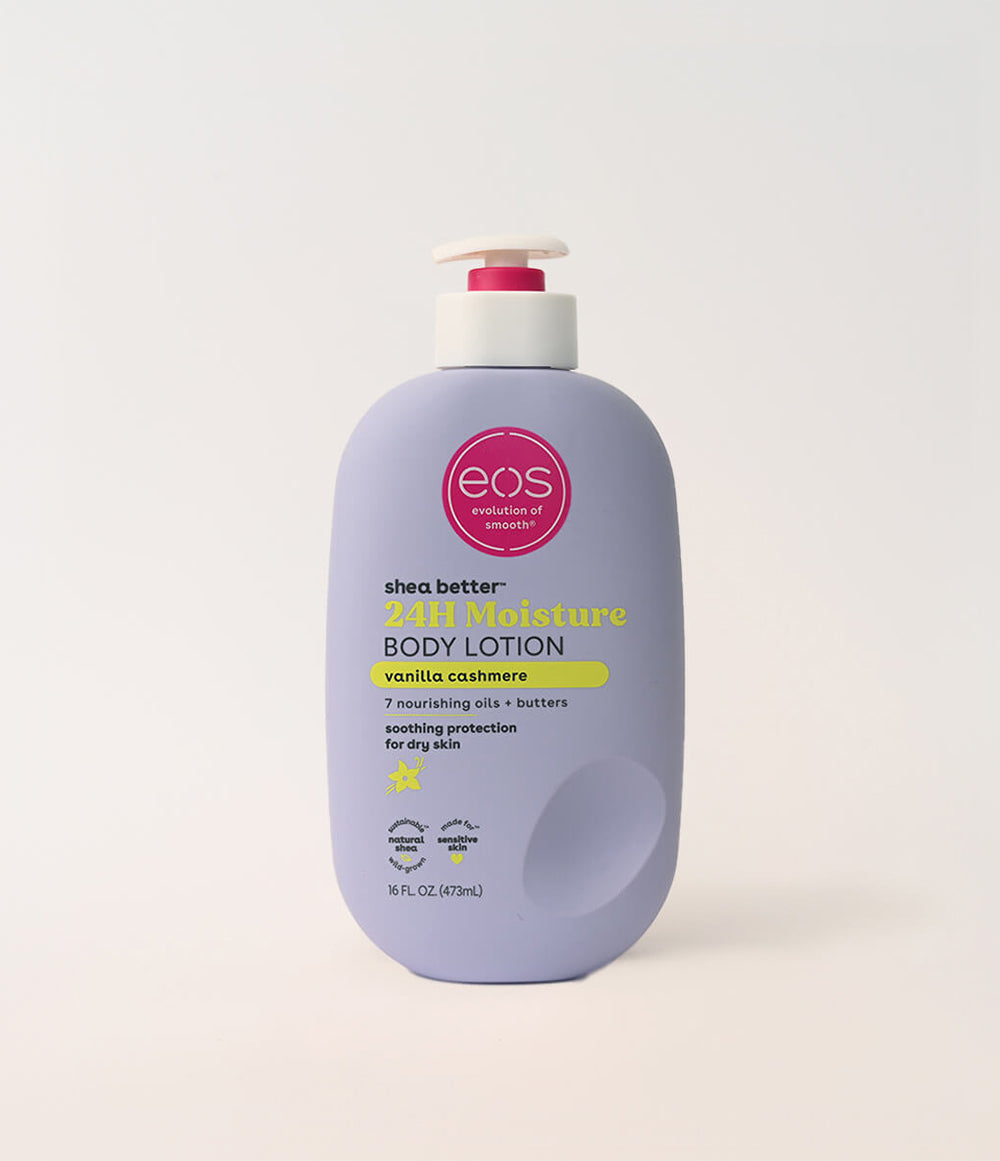 eos vanilla cashmere body lotion on white background